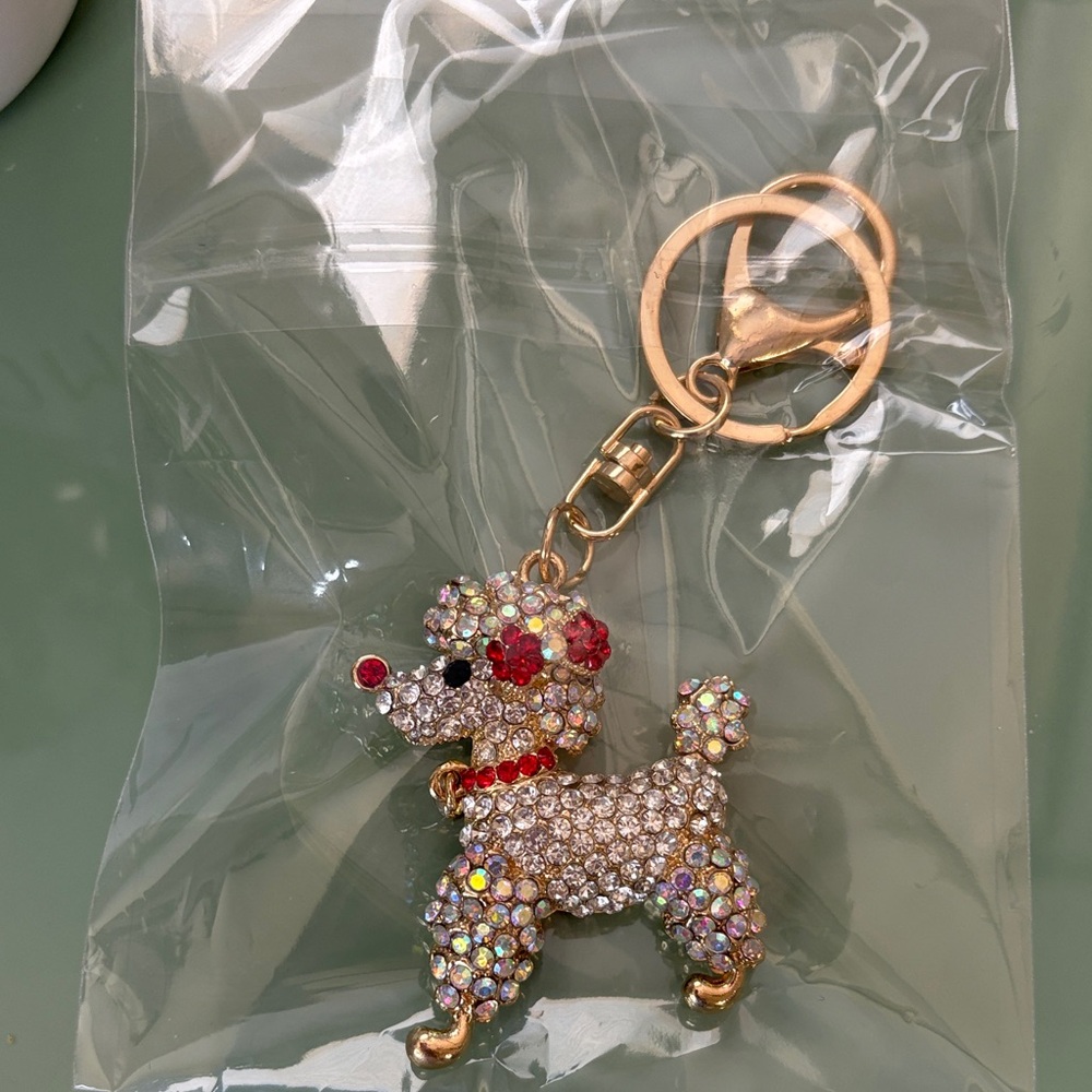 Crystal Poodle Keychain - Gold Tone with Clear & Red Rhinestones
